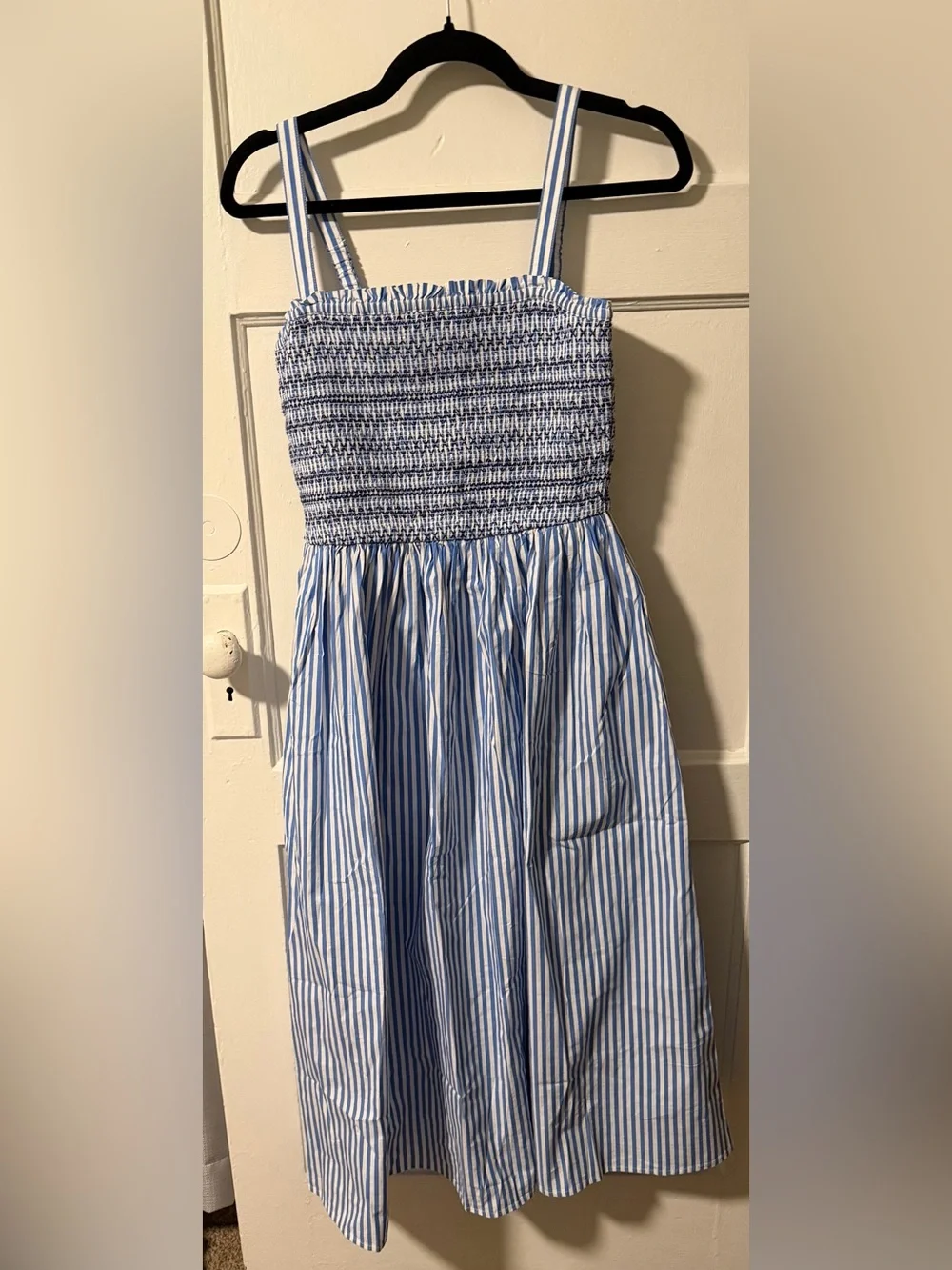 J. Crew Blue White Stripe Smocked Waist Midi Cotton Blend Sundress Classic Small